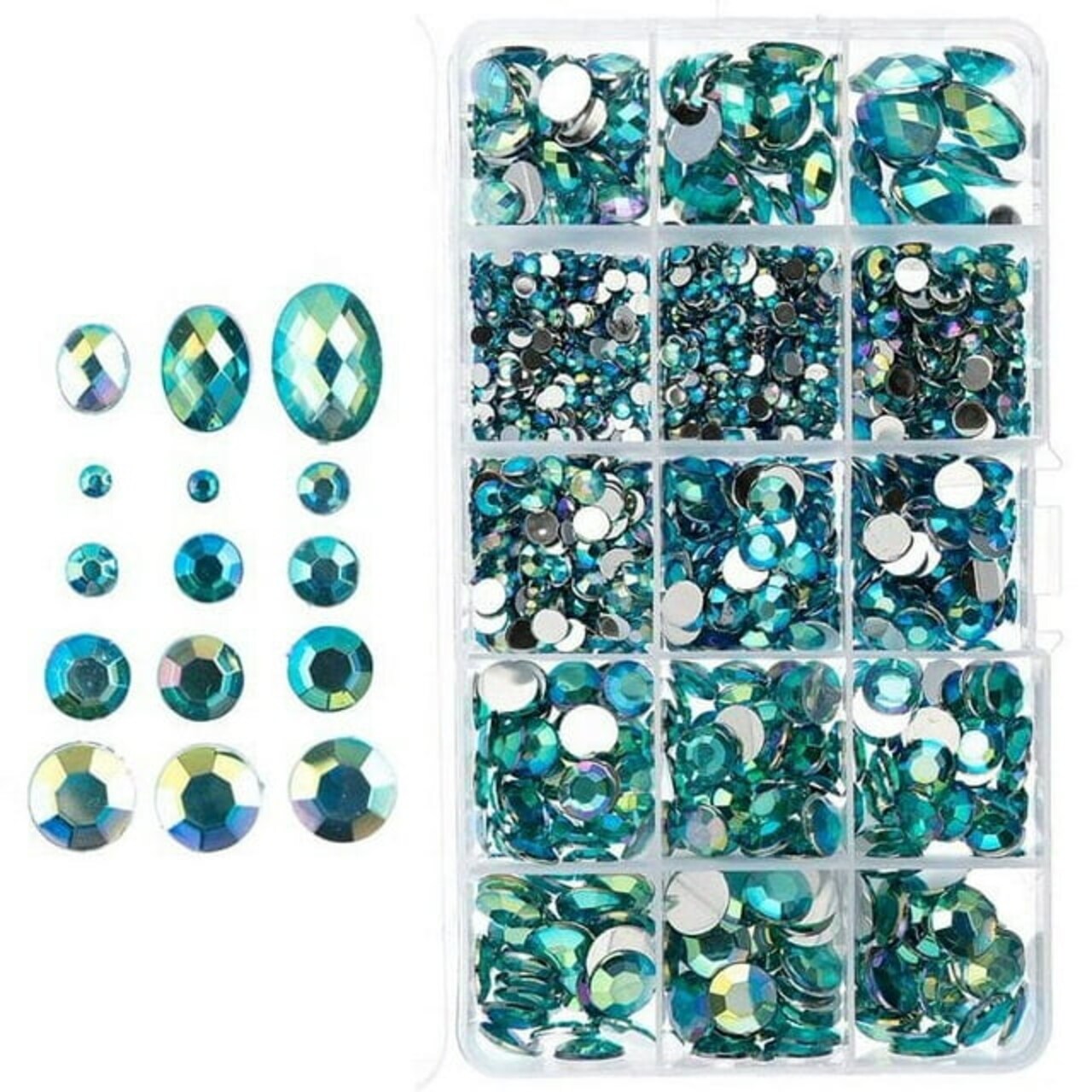 John Bead Aqua AB Assorted Round & Oval Acrylic Flat Back Rhinestones Box